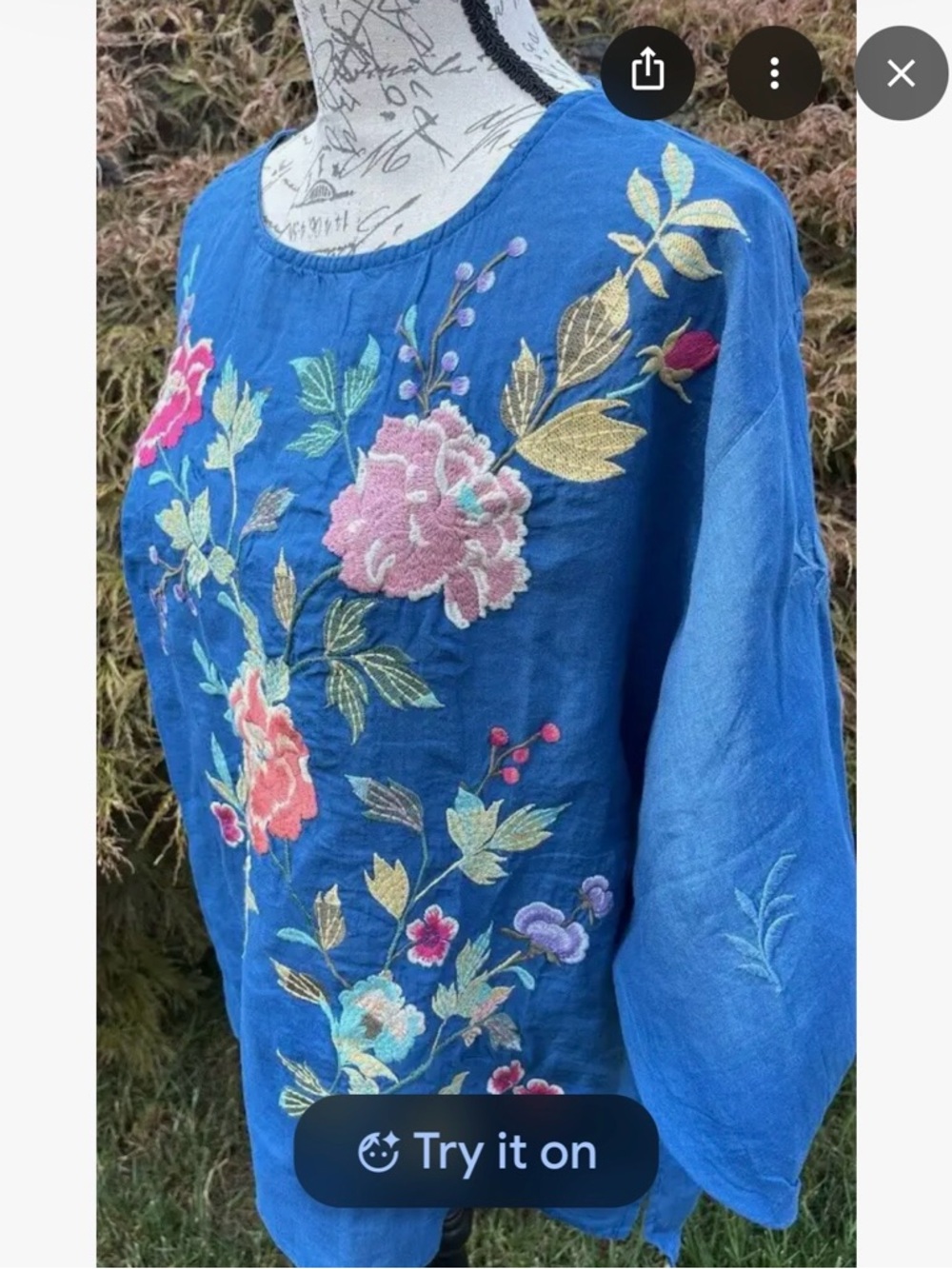 Johnny Was Teal-Blue Floral Embroidered Blouse